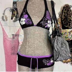Y2K Black & Purple Halter Floral Women's Summer Bikini Set